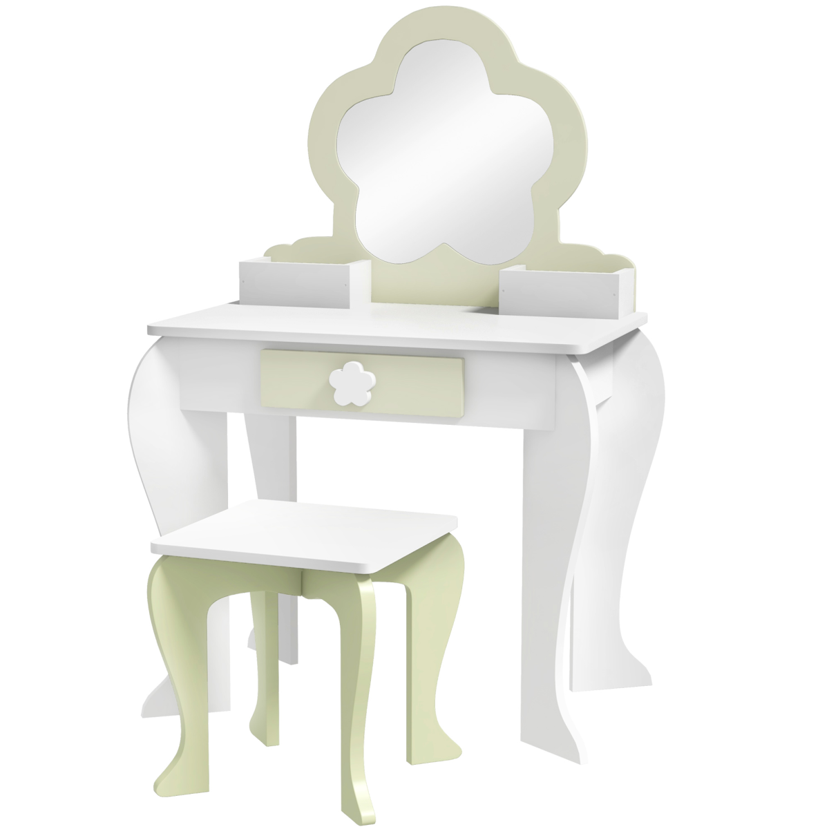 ZONEKIZ Kids Vanity Table Set with Stool, Mirror & Drawer, Flower Design – Girls Dressing Table, White