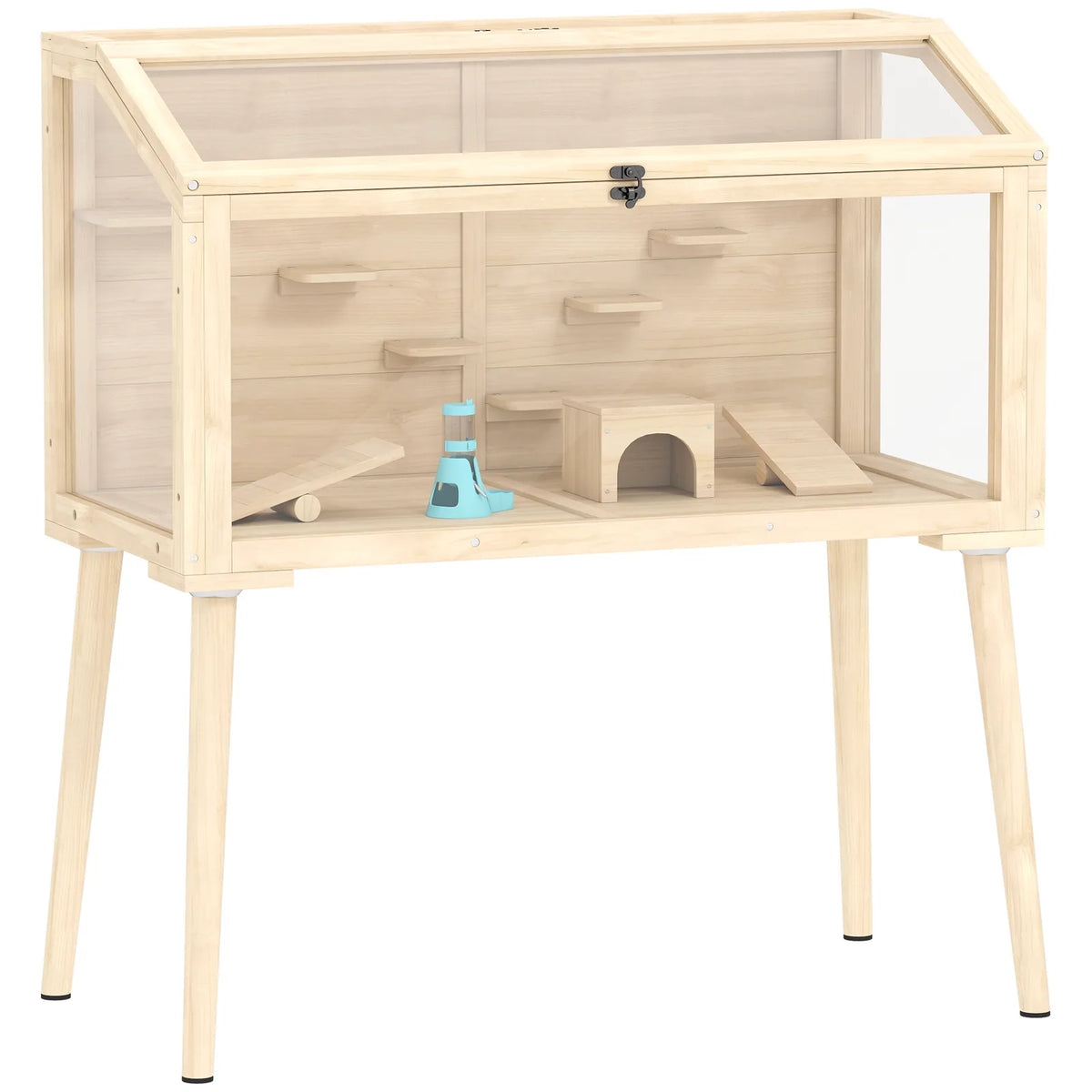 PawHut Wooden Hamster Cage with Openable Top, Seesaws and Water Bottle – Gerbil Habitat, 110 x 52 x 101 cm