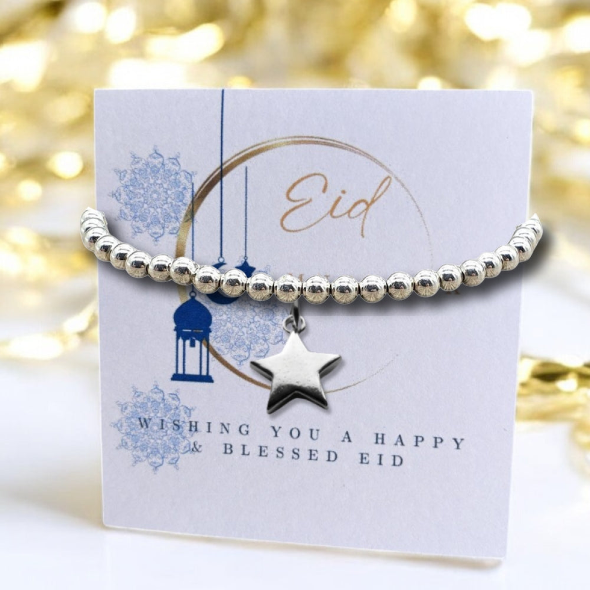 Aye Do Gifts Eid Mubarak Star Charm Stretch Bracelet on Moon Message Card – Gift for Mum, Sister or Friend