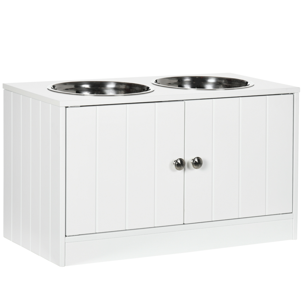 PawHut Raised Dog Feeding Station with 2 Stainless Steel Bowls & Hidden Storage – Large Dogs, White
