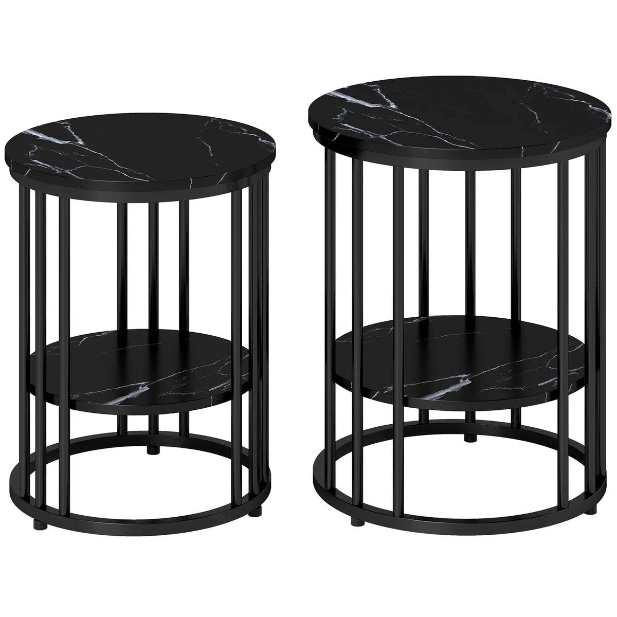 HOMCOM Set of 2 Round Marble-Effect Coffee Tables with Black Steel Legs and Bottom Shelf – Two-Tier