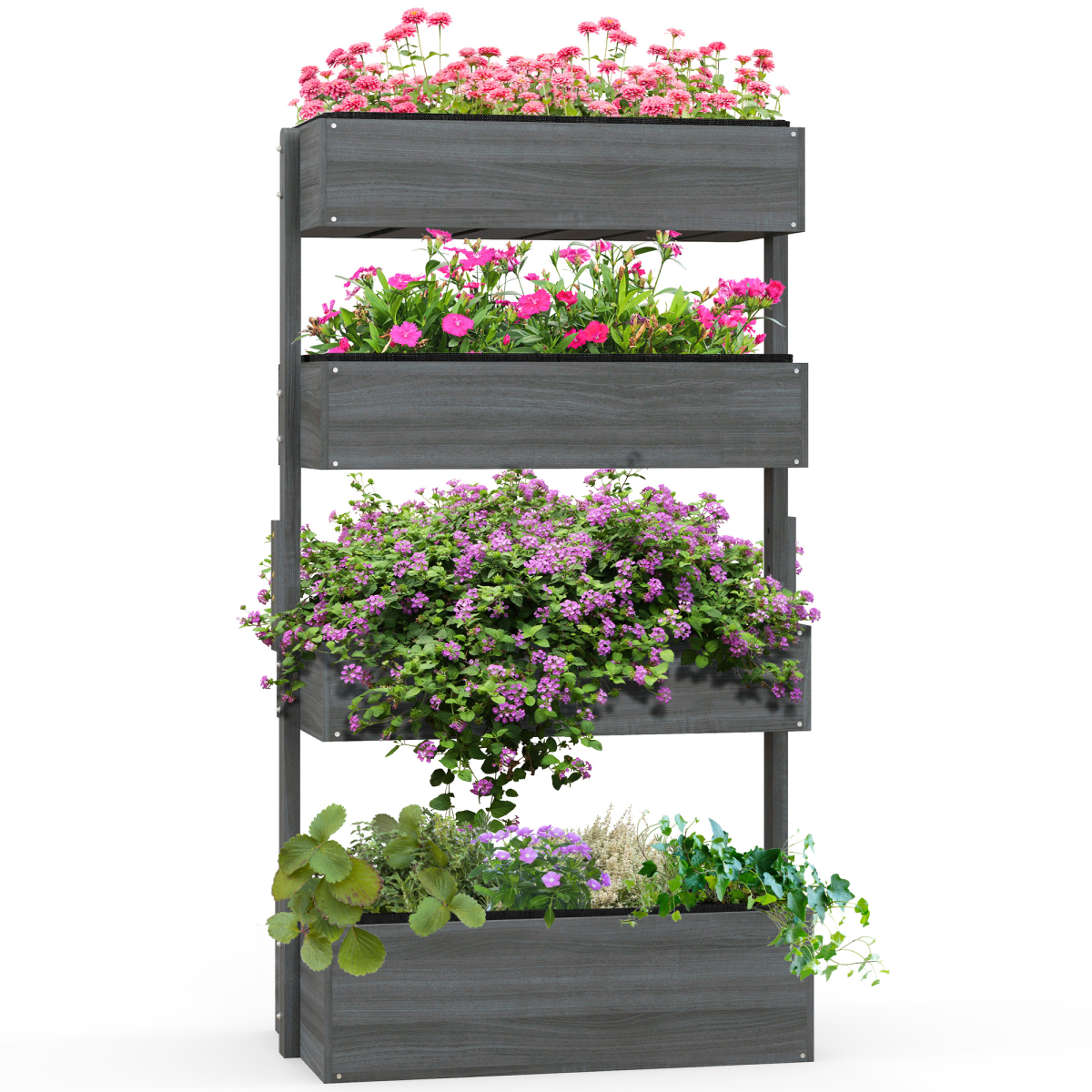 Outsunny Four-Tier Wooden Raised Garden Bed Plant Stand with Fabric Liners – Flower Display, Grey