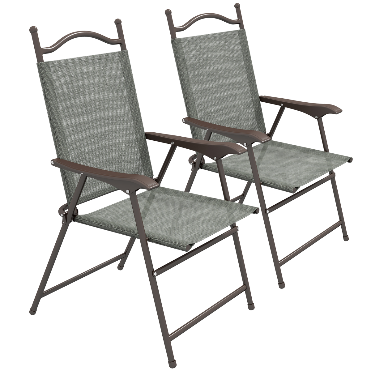 Outsunny Set of 2 Folding Garden Chairs with Armrests and Breathable Mesh Seats – Steel Frame, Dark Grey