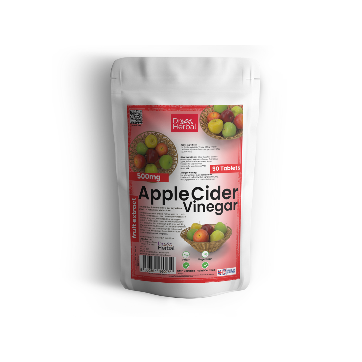 Dr Herbal Apple Cider Vinegar 500mg Tablets – Digestion & Gut Health Support Supplement, 90 Tablets