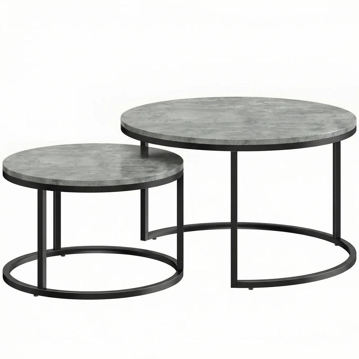 HOMCOM Set of Two Cement-Effect Nesting Coffee Tables with Steel Frame – Round Stacking Tables, Grey