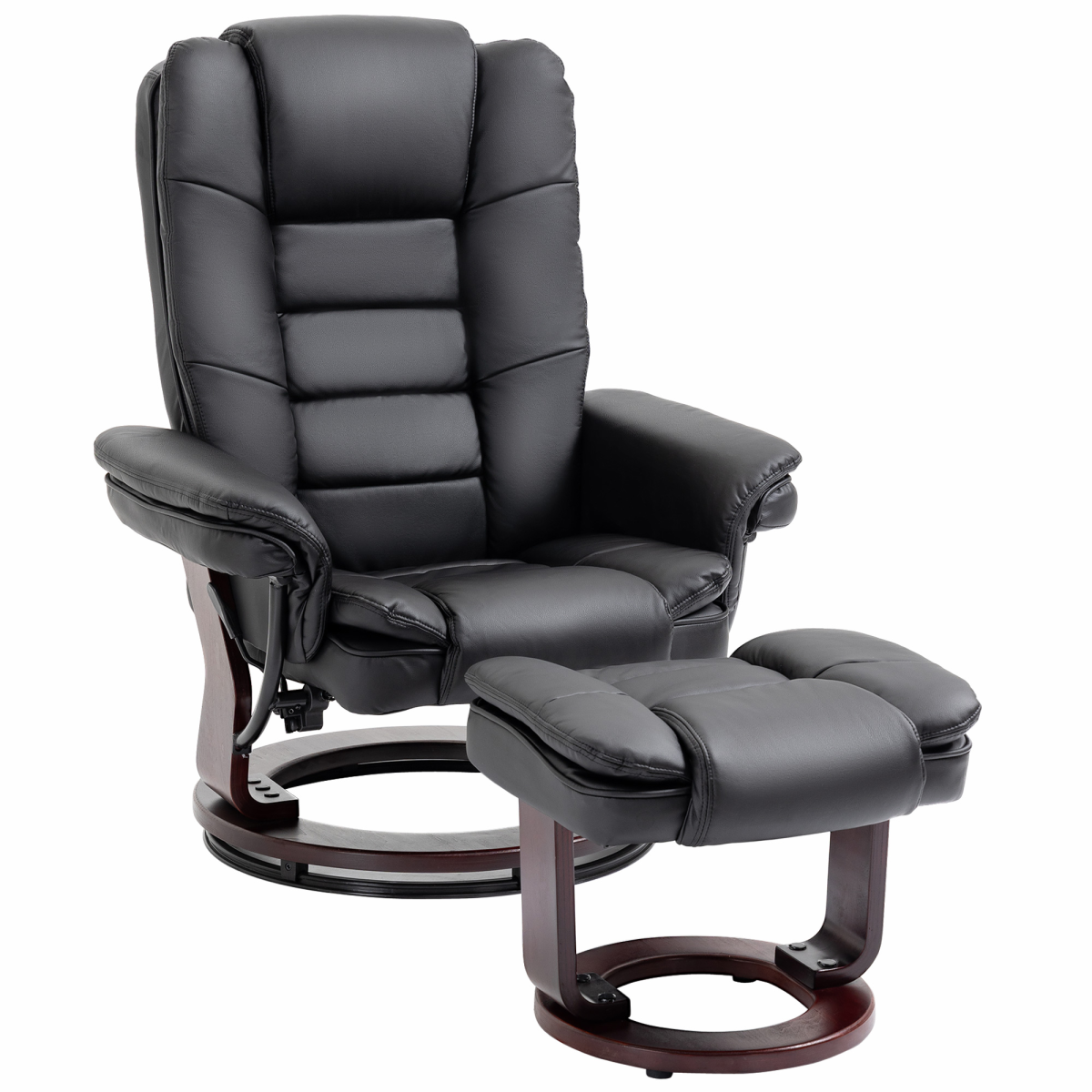 Swivel Manual Recliner Chair with Footstool – PU Faux Leather Lounge Armchair, Wood Base, 135° Recline, Black