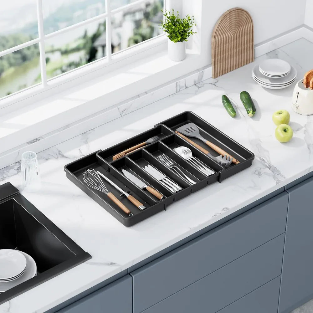 Extendable Cutlery Tray, Large Kitchen Drawer Organiser with 8 Compartments, 30–57 cm Wide