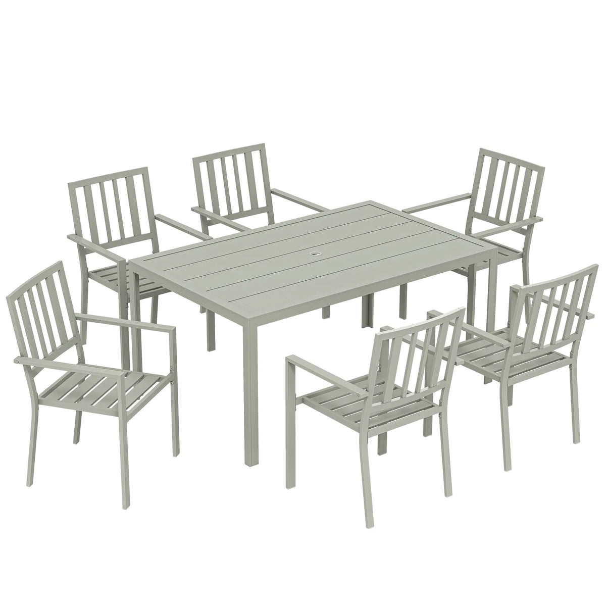 Outsunny 7 Piece Garden Dining Set – 152cm Steel Table with Parasol Hole and 6 Stackable Armchairs, Light Grey