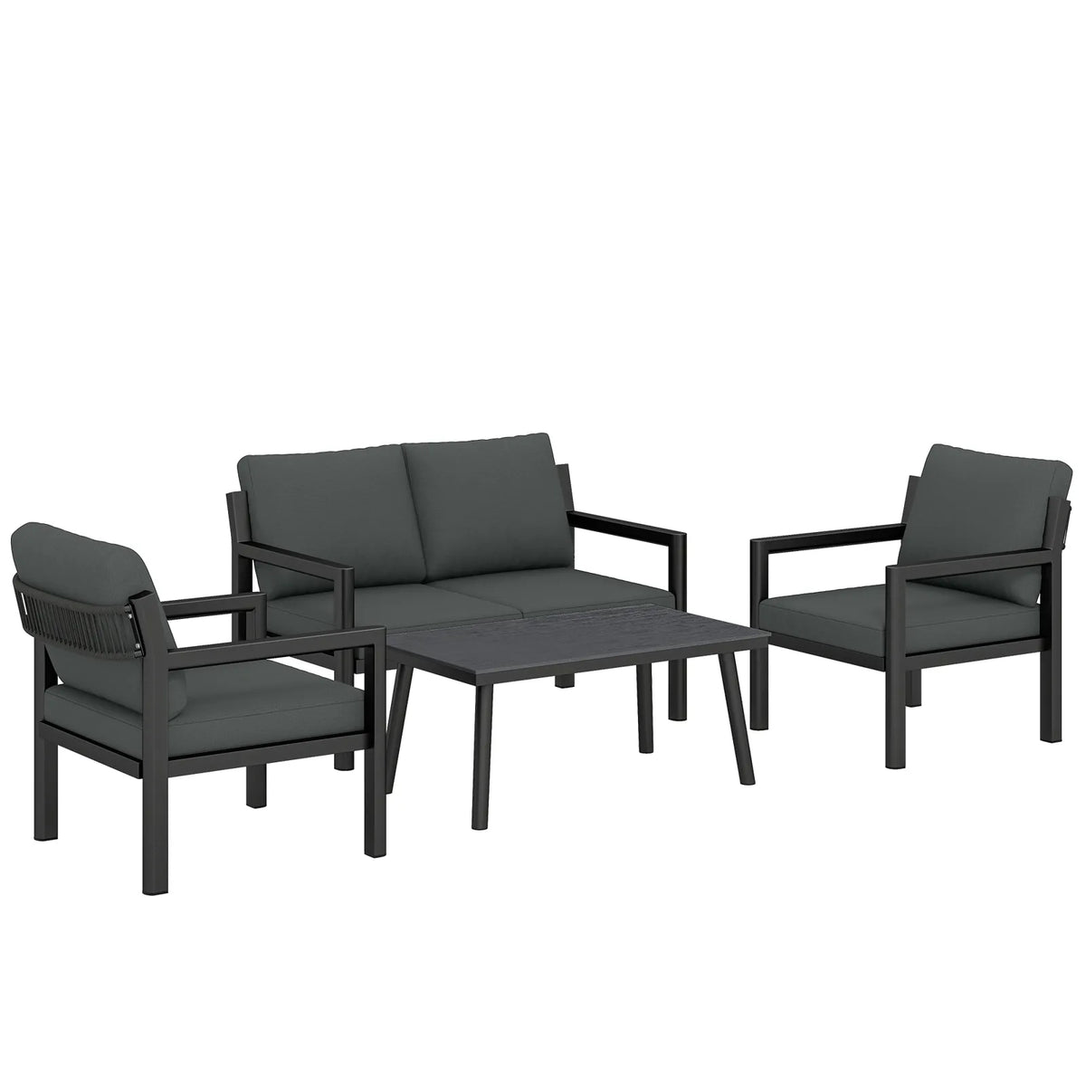 Outsunny 4 Seater Rattan Garden Set with 2 Armchairs, Loveseat, Coffee Table and Cushions – Dark Grey