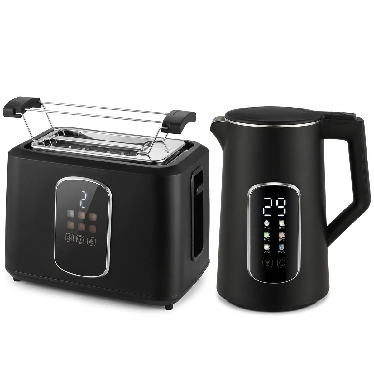 HOMCOM Kettle and Toaster Set with LED Touch Screen – Strix Kettle and 2-Slice Toaster, Black
