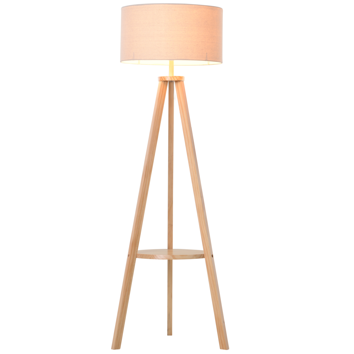 Wooden tripod floor lamp with linen shade