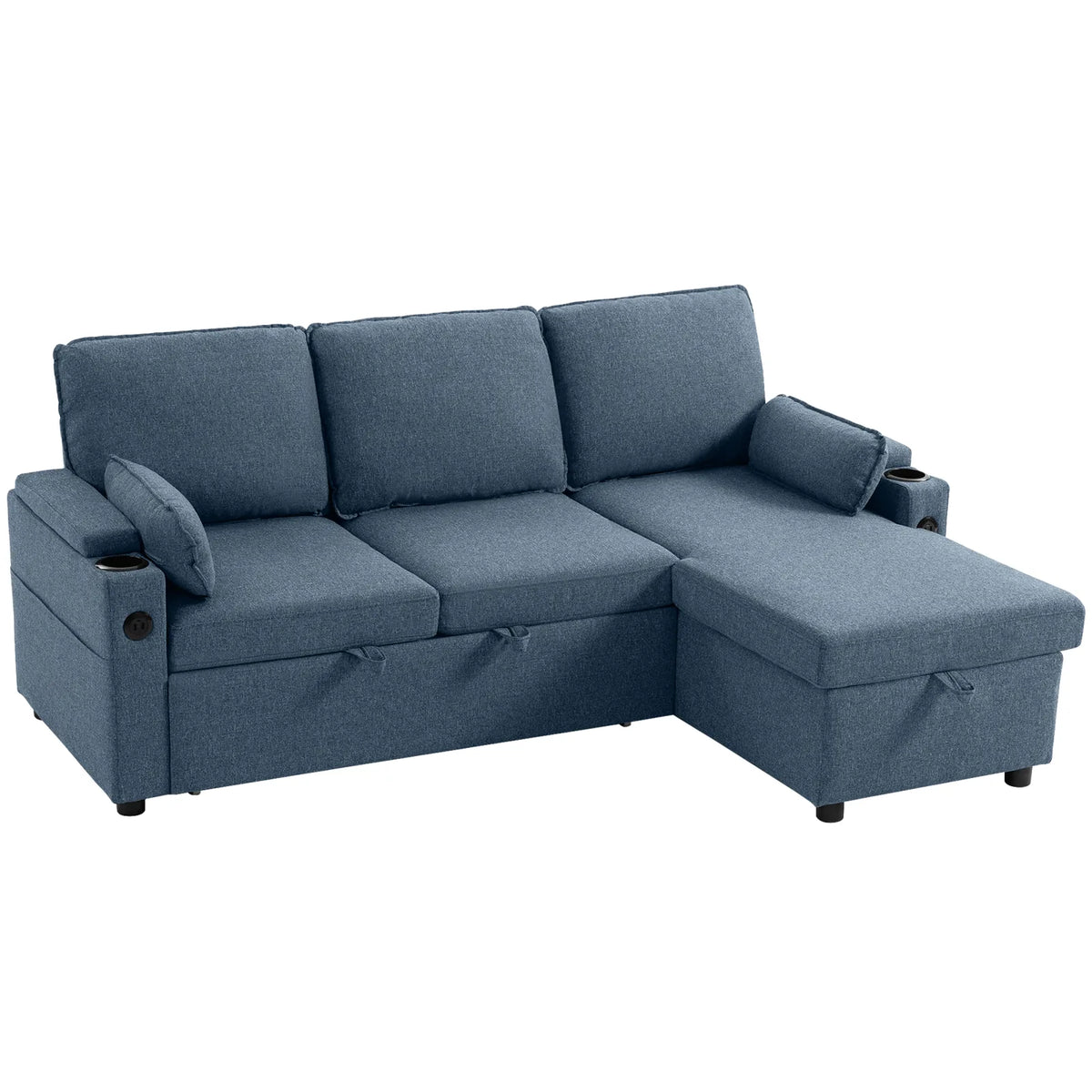 HOMCOM Corner Sofa Bed with Reversible Storage Chaise and USB Charging – L Shaped Sleeper, Blue
