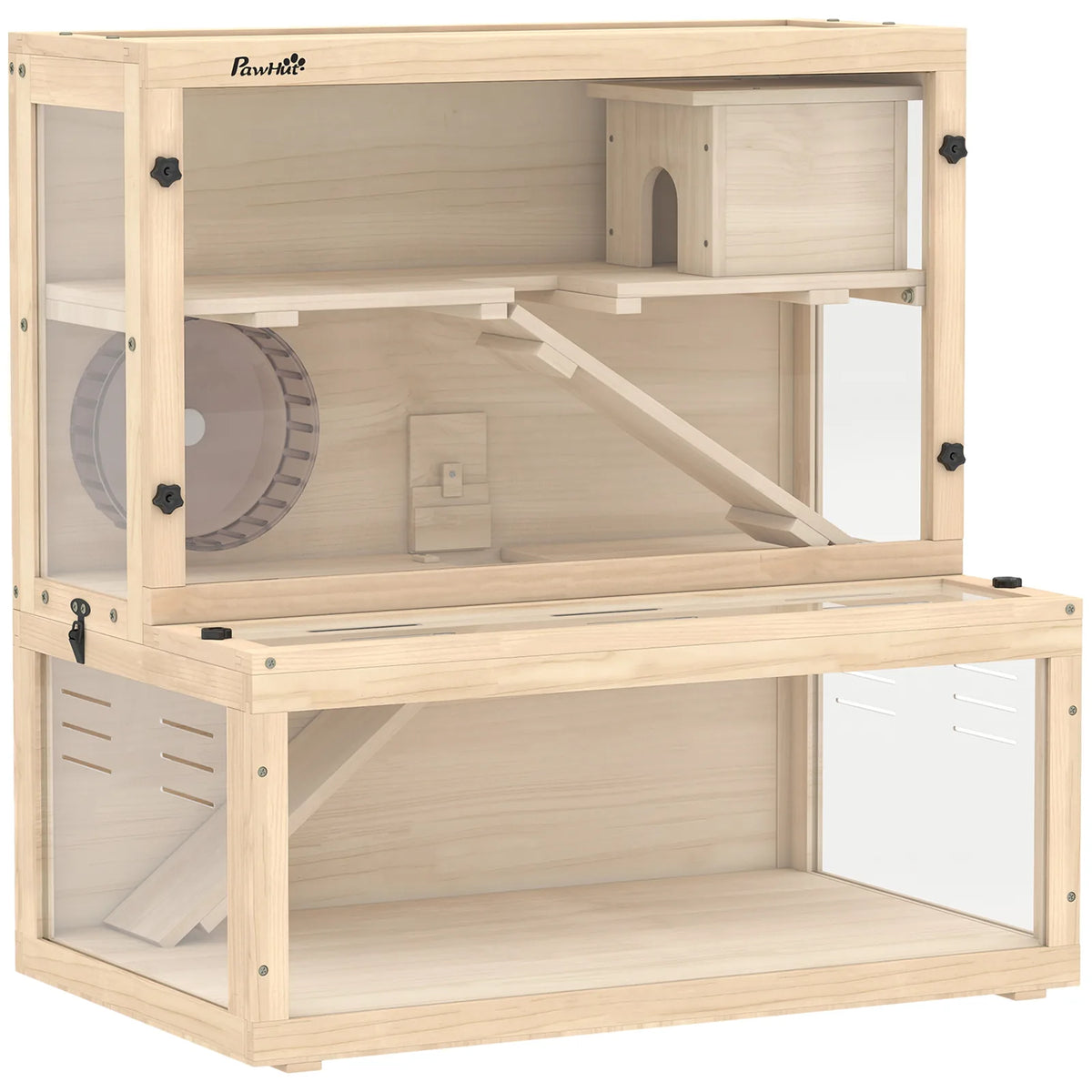 PawHut Wooden Hamster Cage with Hut, Wheel, Ramps and Removable Viewing Panels, 80 x 50 x 84 cm, Natural