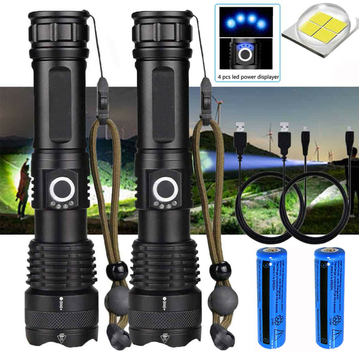 2 Pack USB Rechargeable LED Flashlight Set with 5 Lighting Modes and Zoom – Camping and Hiking Torches, Black