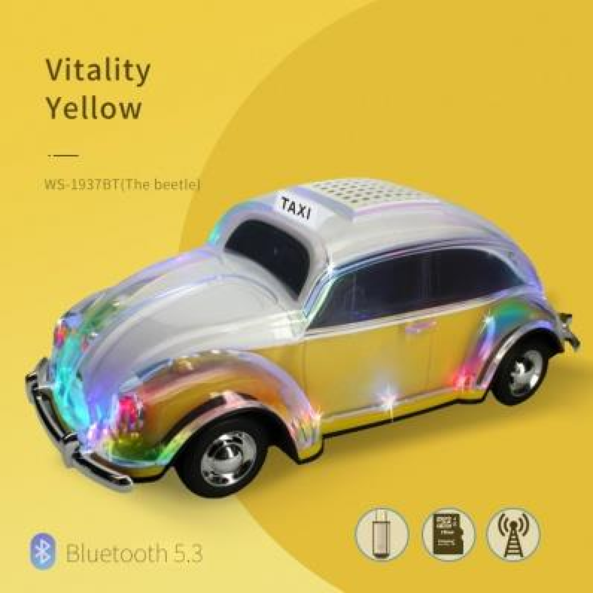 WSTER Beetle Bluetooth Speaker with Lamp, FM Radio, TF Card & USB Playback – Car-Style Speaker, Yellow