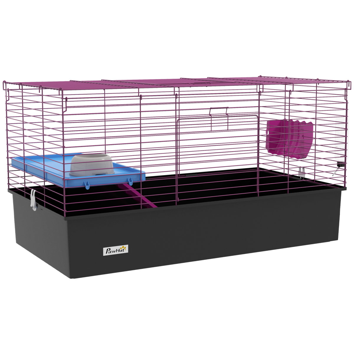 PawHut Small Animal Cage with Platform, Ramp and Hay Feeder – Rabbit and Guinea Pig Hutch Playhouse, Black