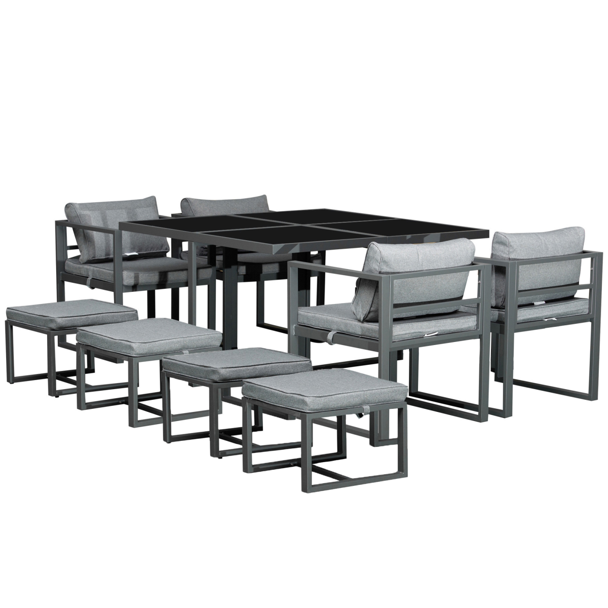 Outsunny 9-Piece Aluminium Patio Dining Set with Tempered Glass Table, 4 Chairs & 4 Ottomans – Garden Furniture, Dark Grey