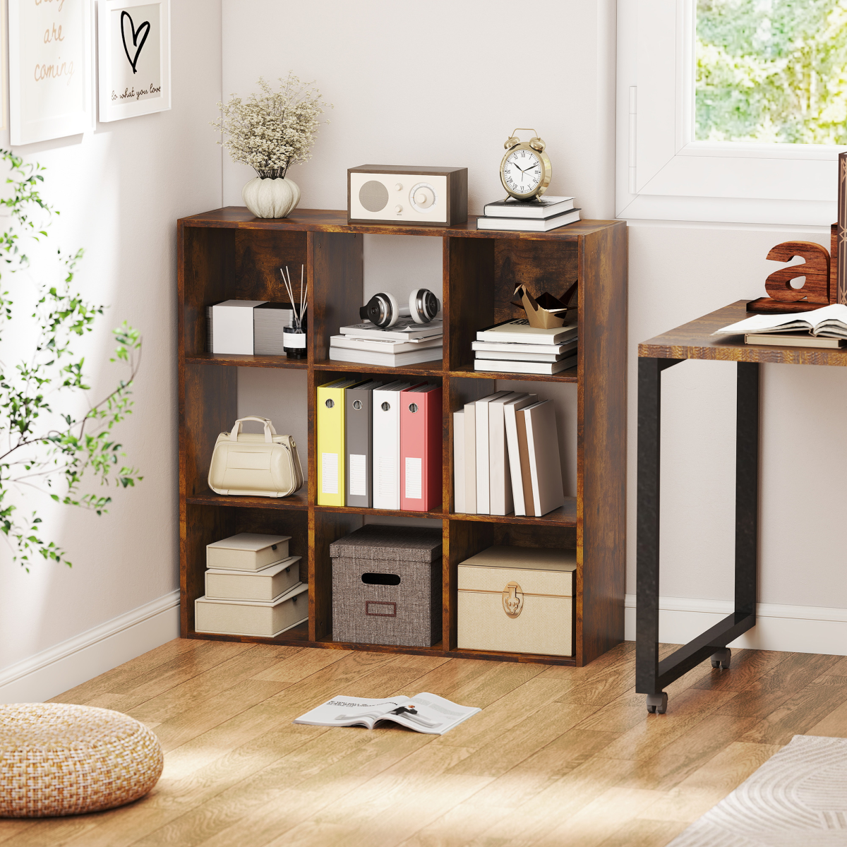 9-Cube Bookcase Storage Cabinet – Cube Shelving Unit for Living Room and Office, 91.5 x 91.5cm, Rustic Brown