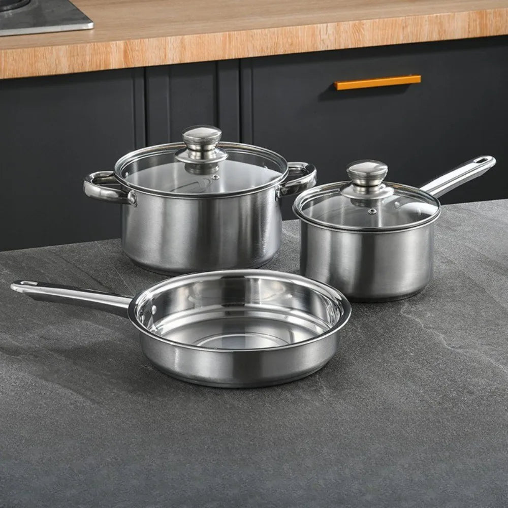 Stainless Steel 3 Piece Cookware Set with Milk Pan, Stockpot, Frying Pan and Glass Lids – Steel Handles