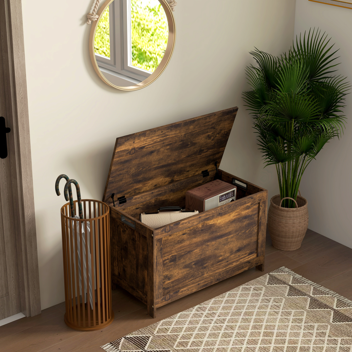 Rustic Brown Storage Bench with Hinged Lid & Side Handles – Entryway Shoe Bench, Storage Chest, MDF