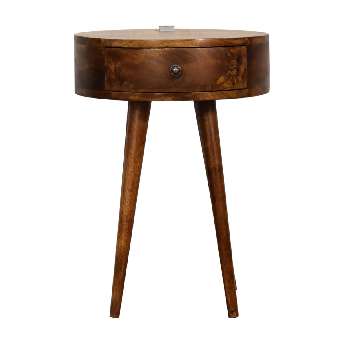 Artisan Furniture Solid Wood Chestnut Bedside Table with Drawer & Brass Knob – Rounded Edges, Dark Brown