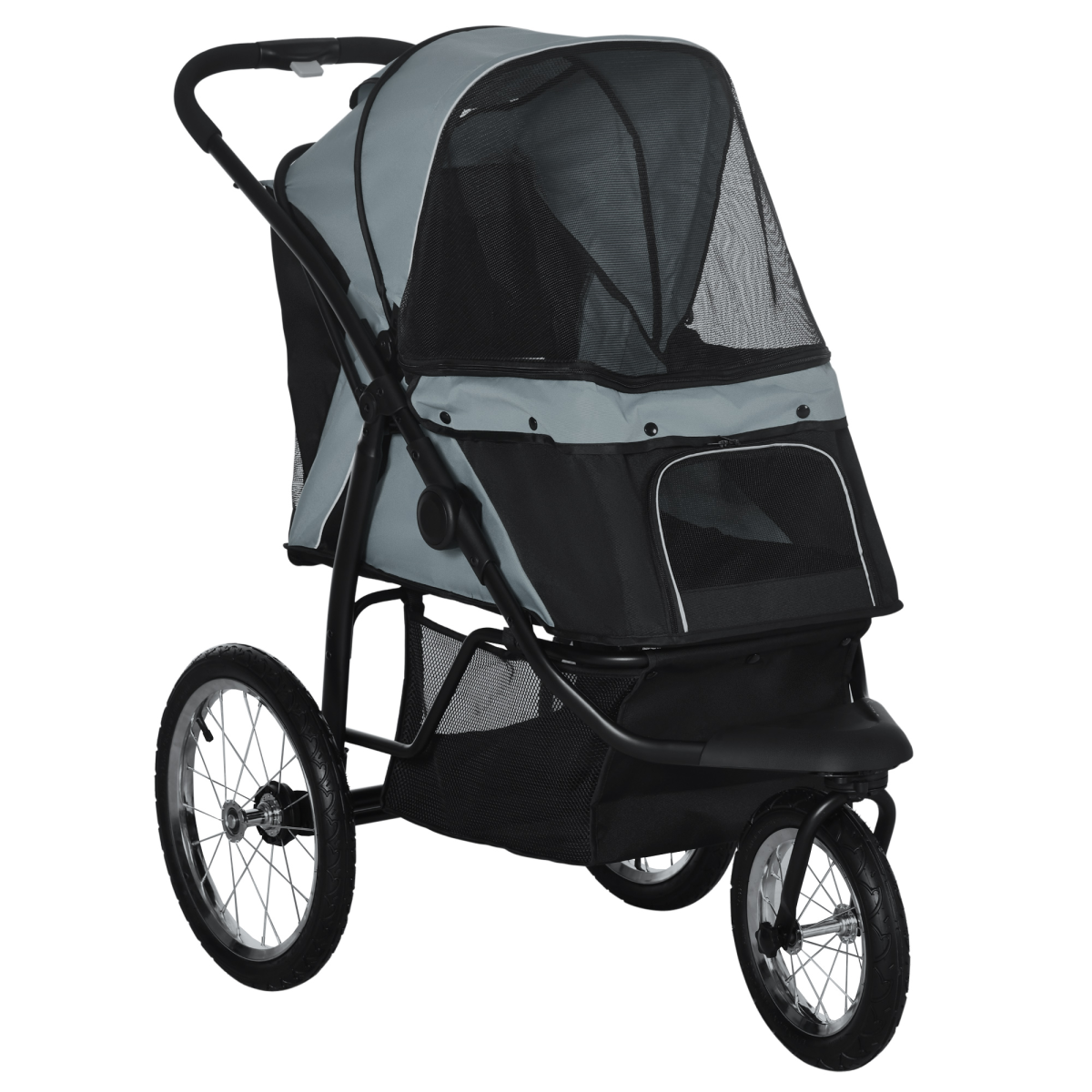 PawHut 3 Wheel Foldable Pet Stroller with Canopy & Mesh Windows – Dog Pram for Small Dogs, Grey