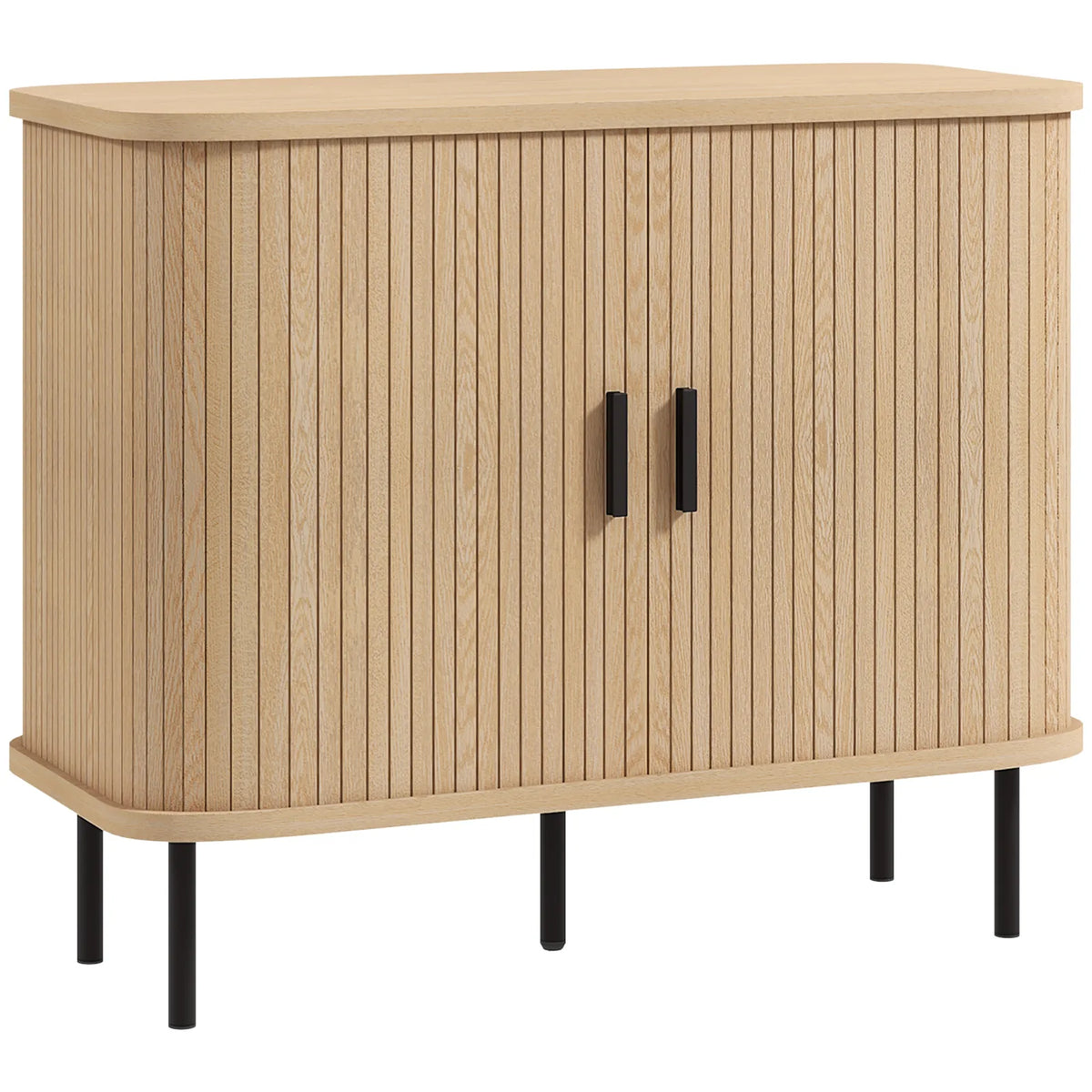 HOMCOM Mid-Century Sideboard with Slatted Tambour Sliding Doors & Steel Legs – Oak Tone