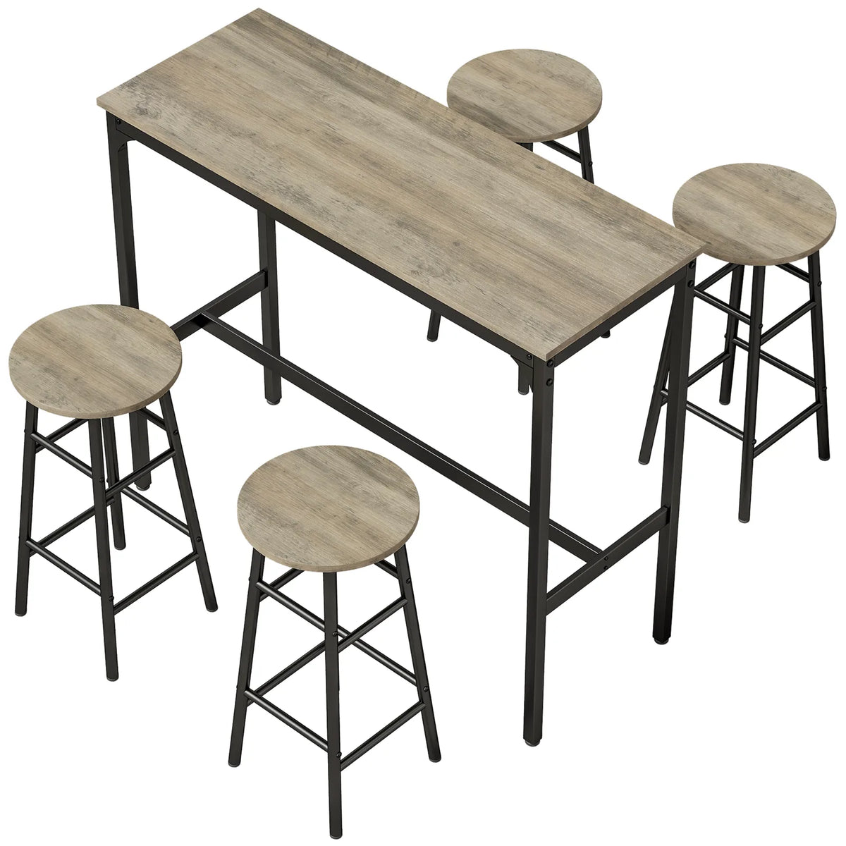 HOMCOM 5 Piece Industrial Bar Table Set with 4 Stools – Powder-Coated Steel Frame Dining Set, Grey Wood Effect