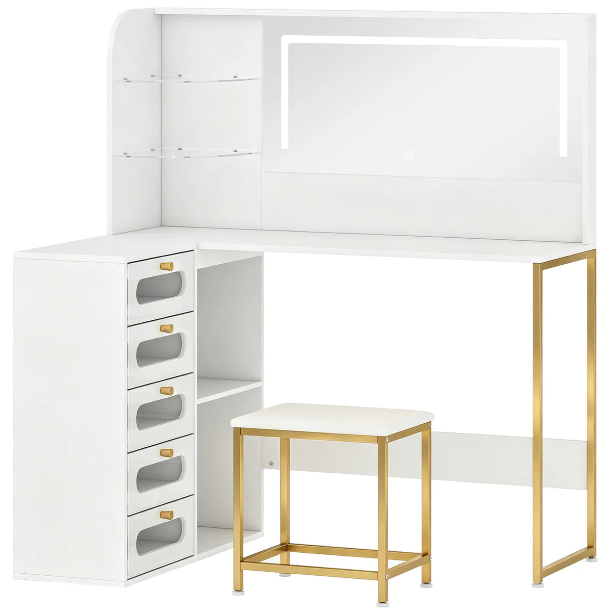 HOMCOM L-Shaped Dressing Table with LED Mirror, Stool, 5 Drawers and Glass Shelves – Bedroom Vanity, White