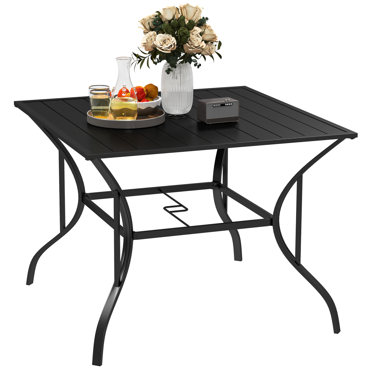 Outsunny Square Garden Table for 4 with Parasol Hole – Slatted Metal Top, Powder-Coated Steel Frame