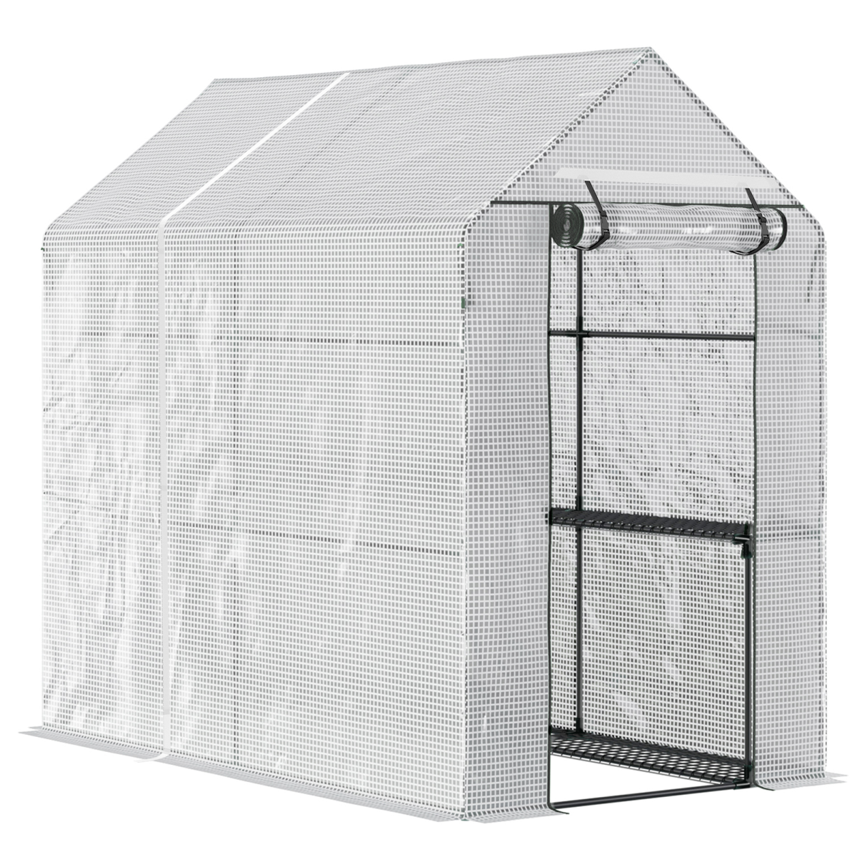 Outsunny Walk-In Garden Greenhouse with 4 Wire Shelves, Roll-Up Door & PE Cover – 186 x 120 x 190cm, White