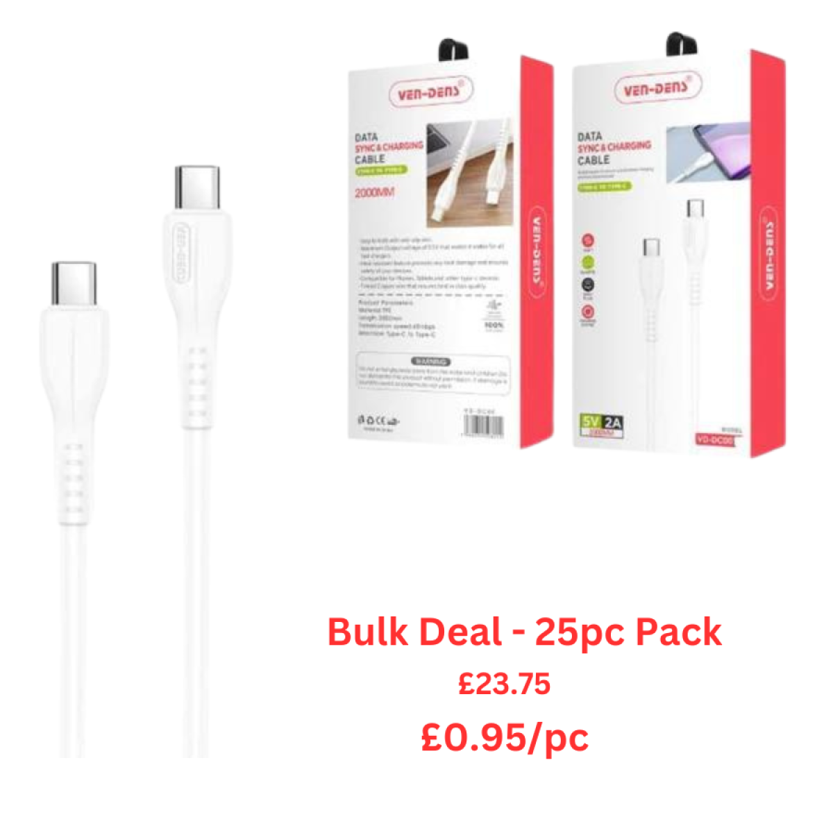 Ven-Dens Fast Charging USB-C to USB-C Cable, Bulk Pack of 25 – Heat Resistant, Anti-Slip Grip