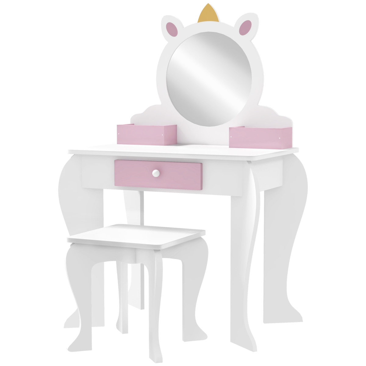 ZONEKIZ Kids Dressing Table with Mirror, Stool, Drawer & Storage Boxes – Unicorn Design Vanity Set, White
