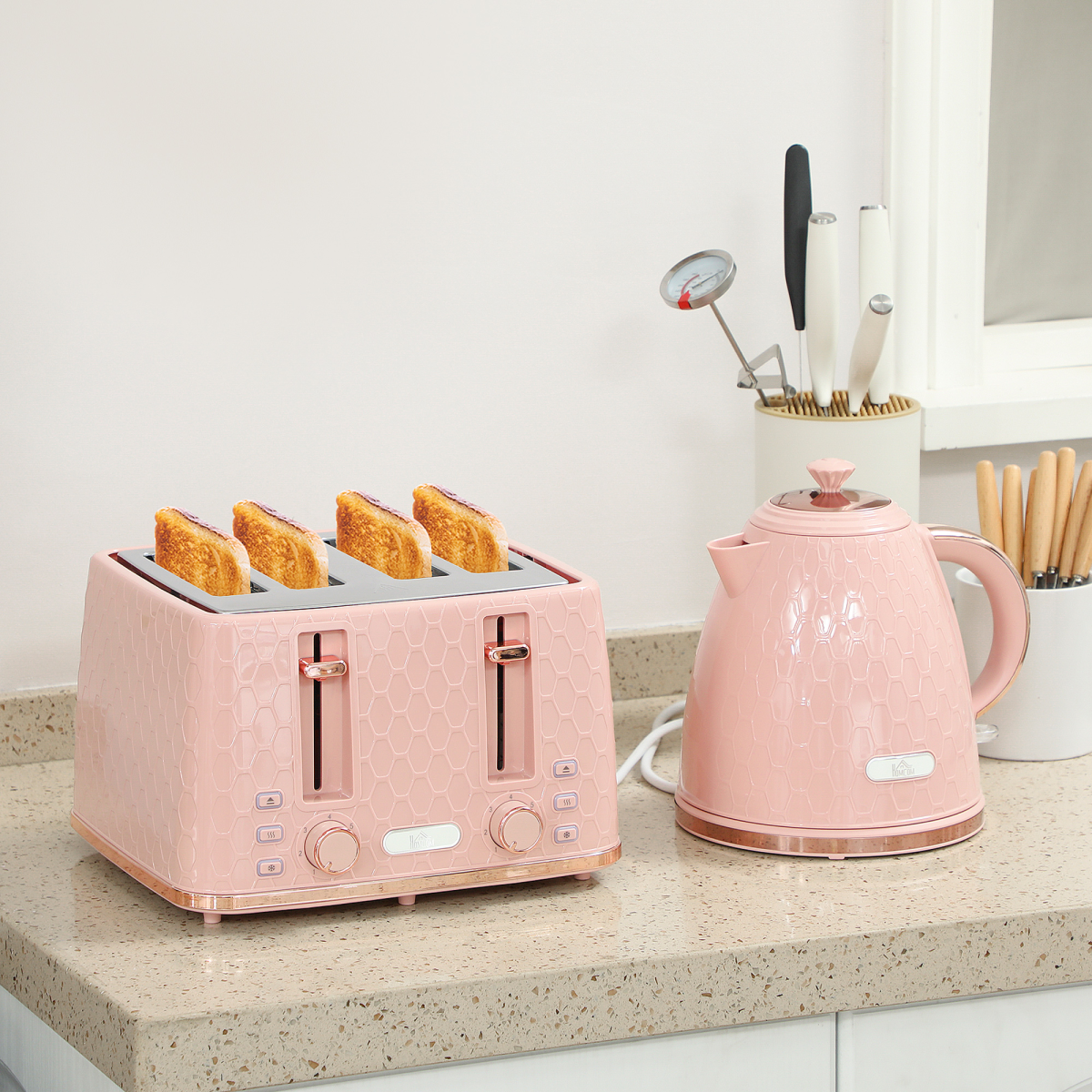 Kettle and 4-Slice Toaster Set with 1.7L Fast Boil Kettle & 7 Browning Levels – Pebbled Design, Light Pink