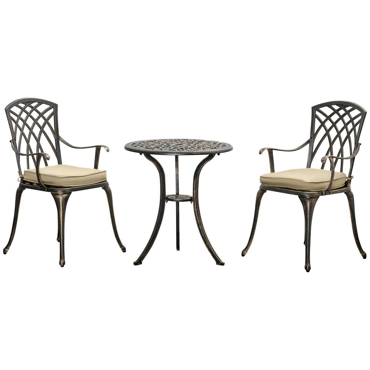 Outsunny 3-Piece Cast Aluminium Garden Bistro Set with Cushions & Parasol Hole – Table and 2 Chairs, Bronze