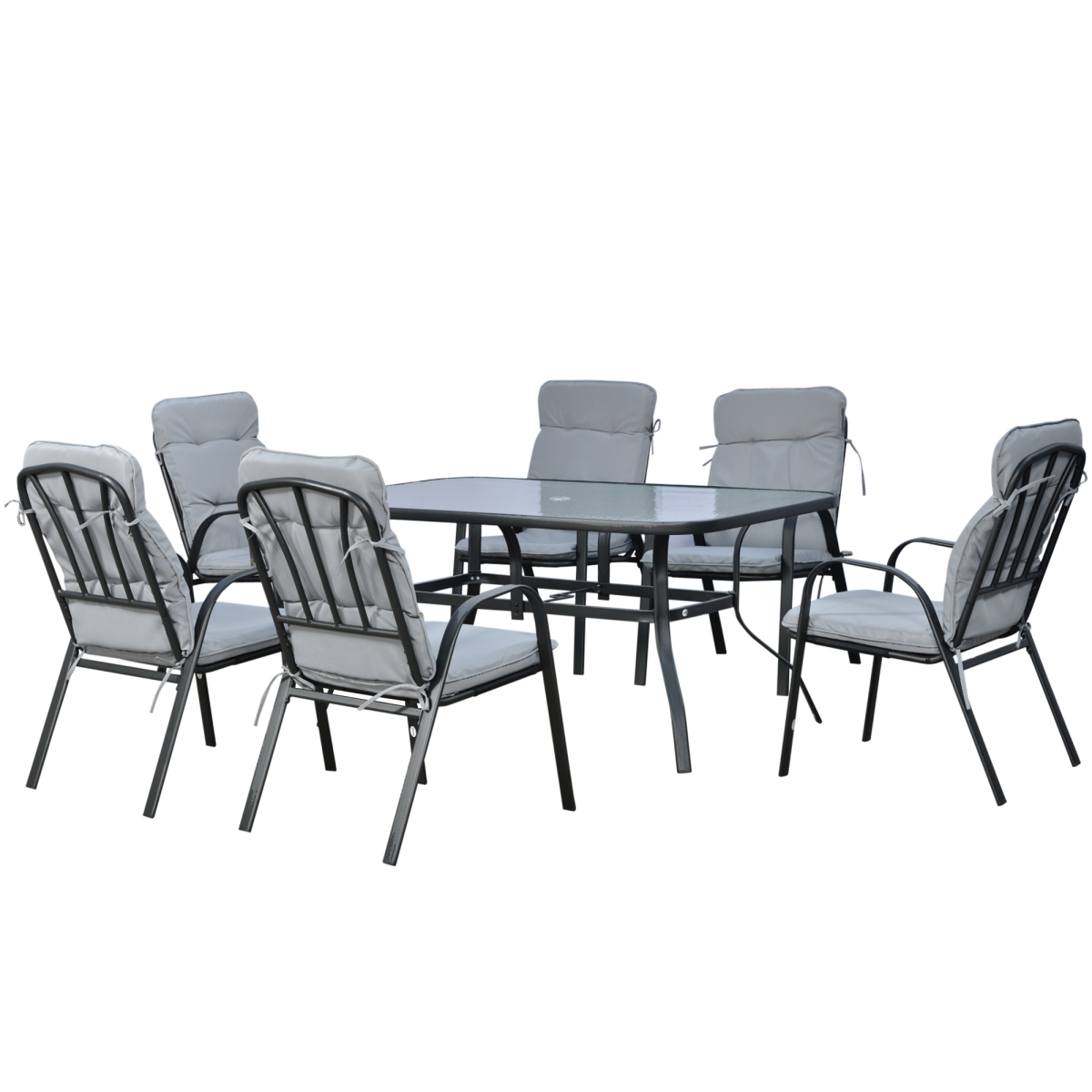 Outsunny 7-Piece Garden Dining Set with Glass-Top Table, Umbrella Hole & Cushioned Chairs – Steel Frame, Black
