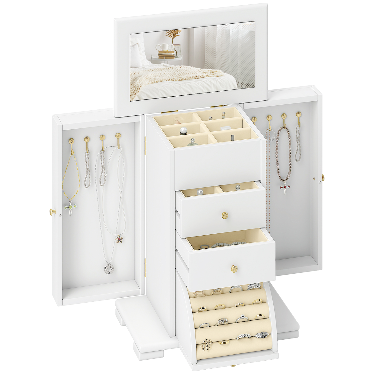 HOMCOM 4-Tier Large Jewellery Box with Mirror and 2 Drawers, White