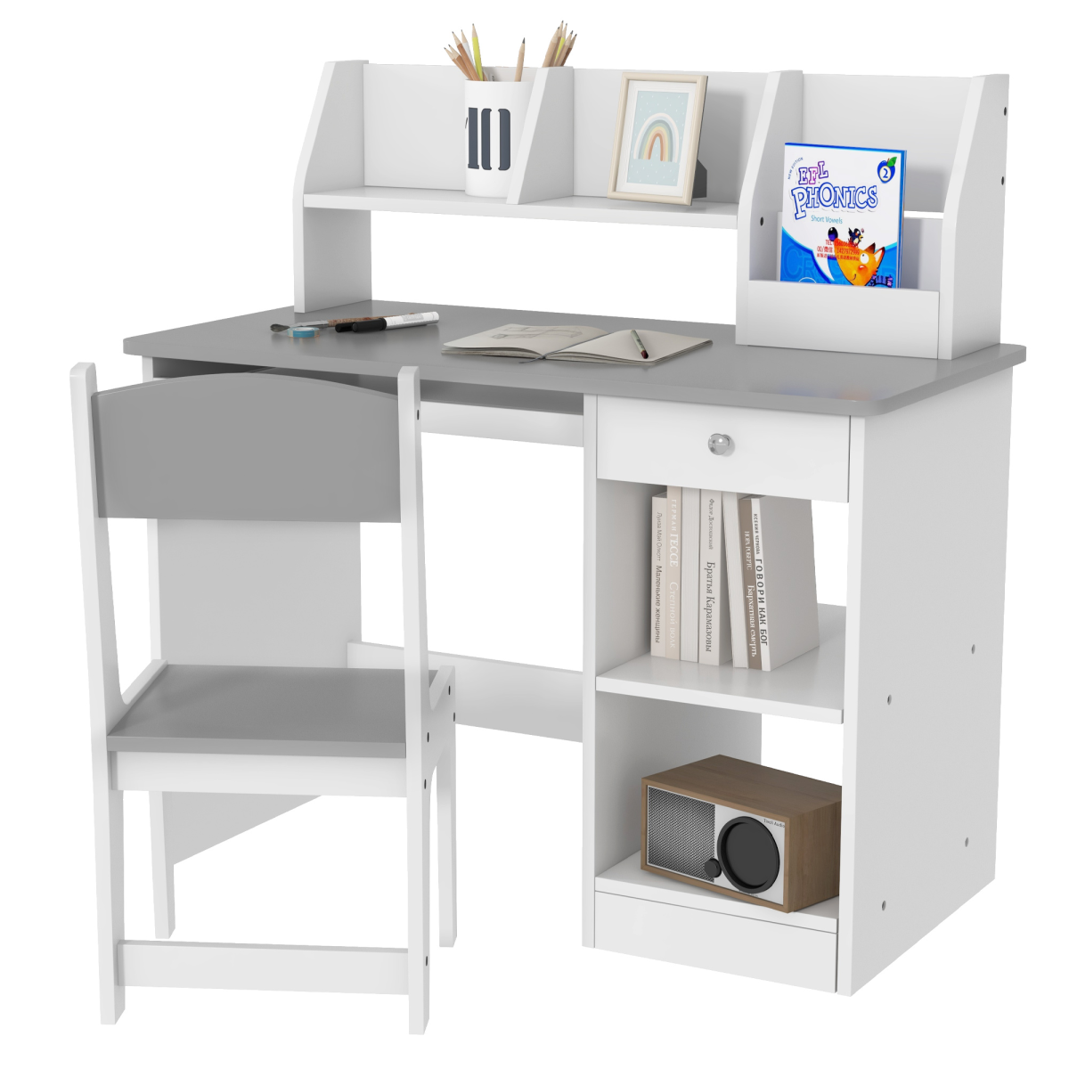 ZONEKIZ Kids Desk and Chair Set with Storage Shelves & Drawer – Study Furniture for 5-8 Years, Grey