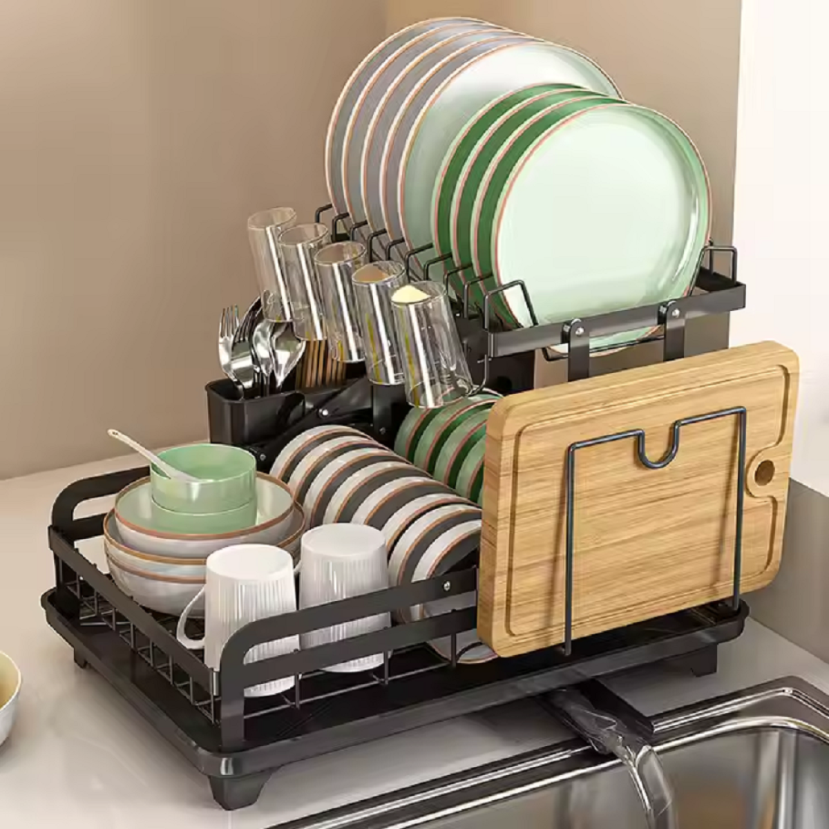 2-tier dish drainer rack with drip tray