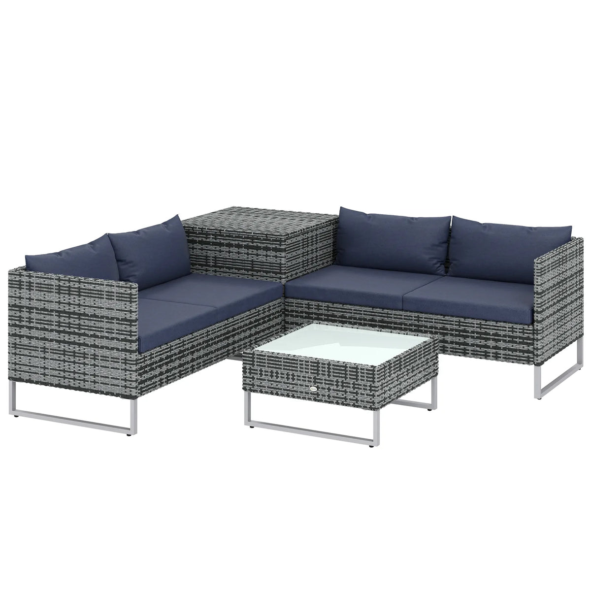Outsunny 4 Piece Rattan Corner Sofa Set – Two Loveseats, Storage Table and Glass Coffee Table with Cushions, Dark Blue