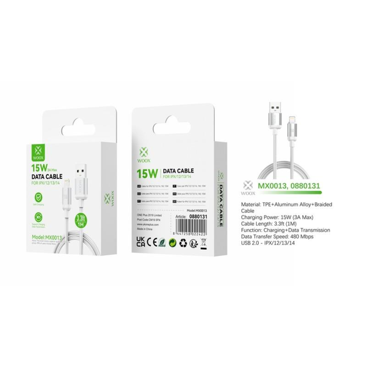 Woox MX0013 USB to Lightning Braided Data Cable with 15W Charging – 1m Durable Nylon, White