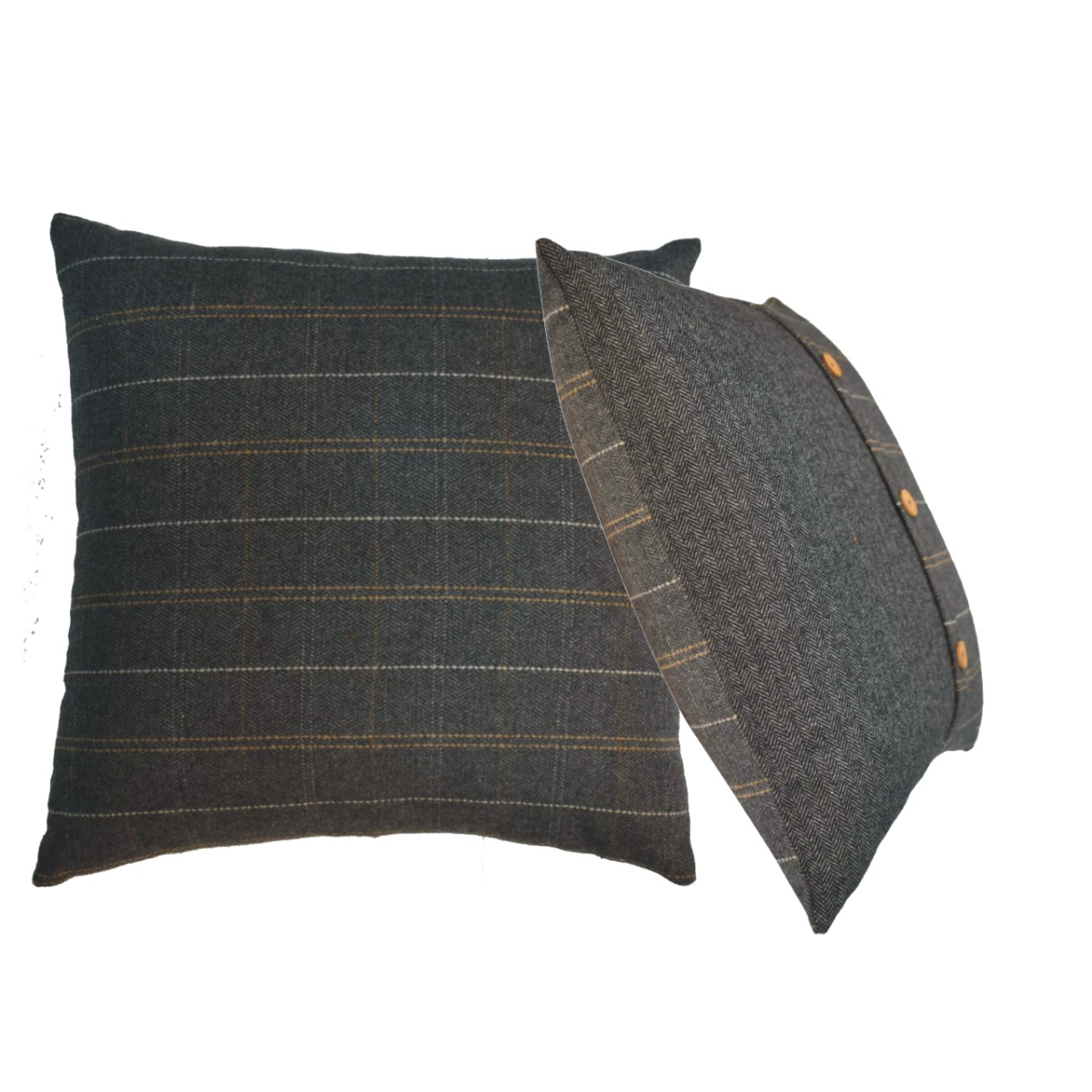 Artisan Furniture Quinn Pewter Tweed & Black Button Cushions, Set of 2 – Wool-Texture Scatter Cushions