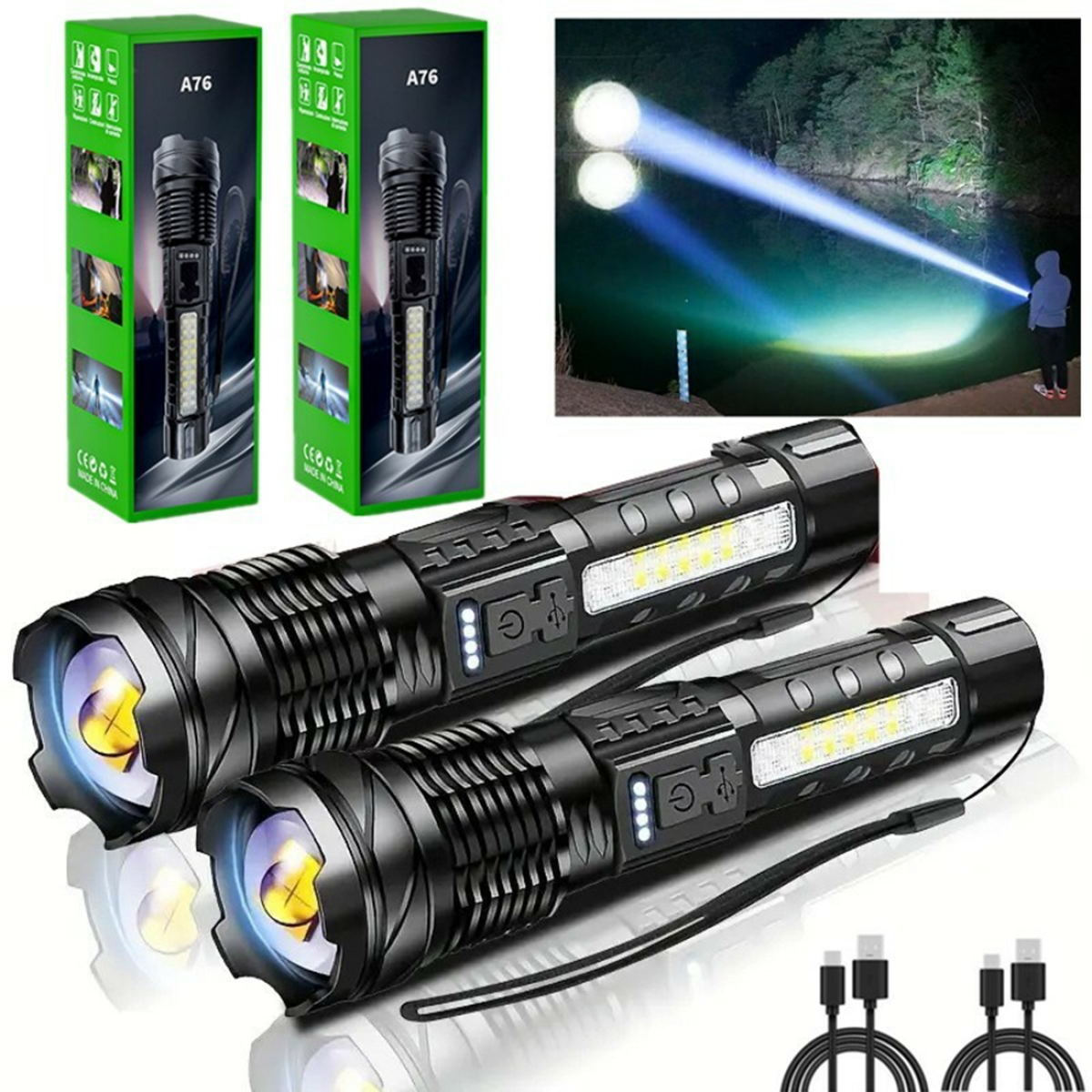 2-Pack USB Rechargeable LED Flashlights with Adjustable Zoom and 7 Modes – Camping, Hiking and Work Light