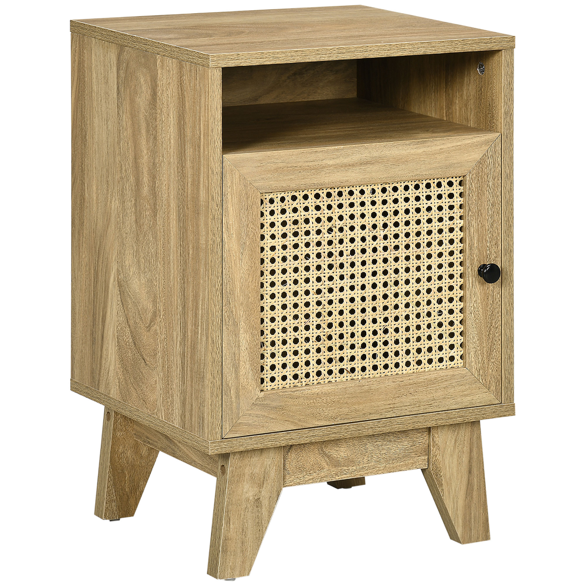 HOMCOM Bedside Table with Drawer and Shelf, Rattan Door Panel – Wood-Effect Nightstand, Anti-Tipping