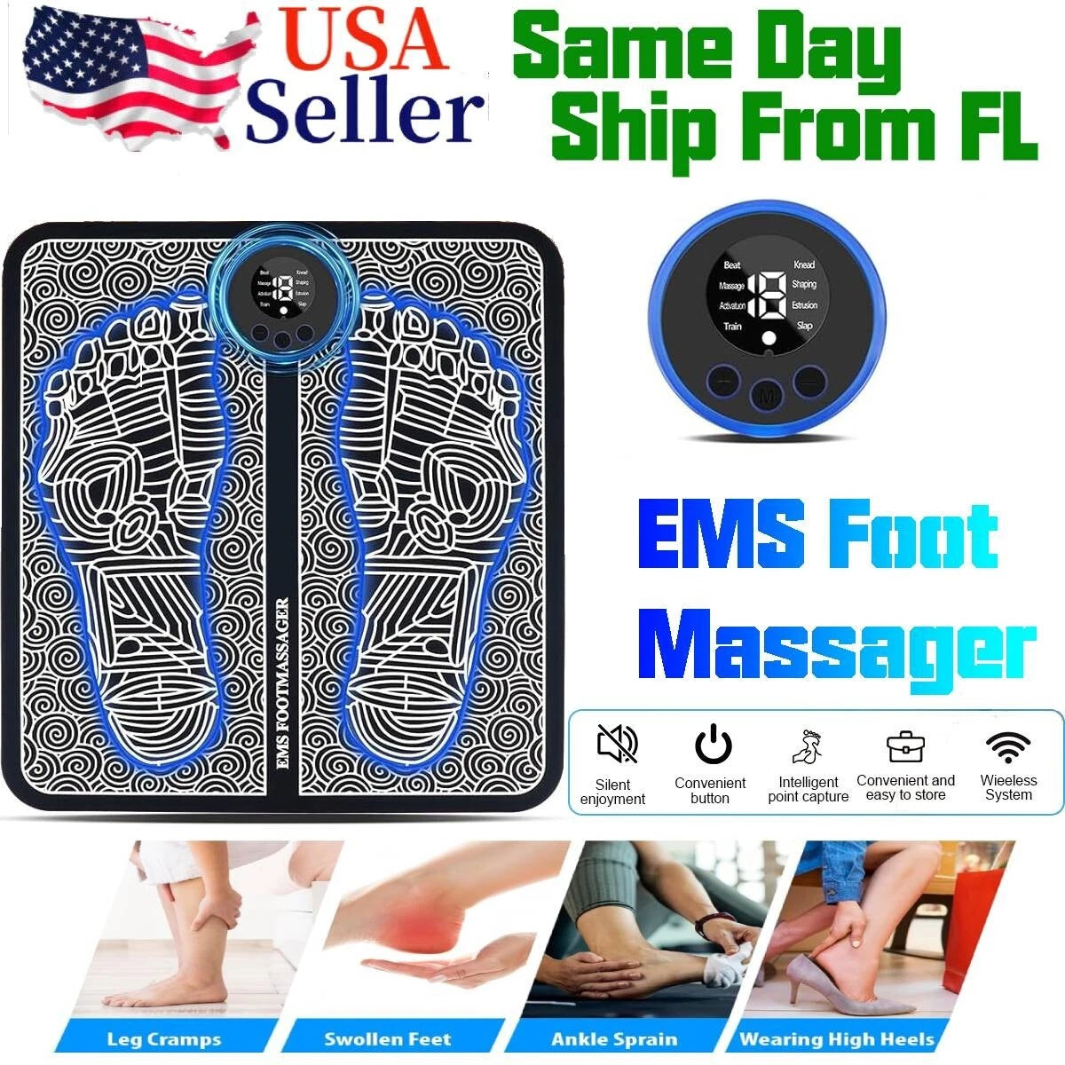 Electric Foot Massager Pad with 19 Intensity Levels & 8 Modes – Rechargeable USB Foot Massage Mat, Black