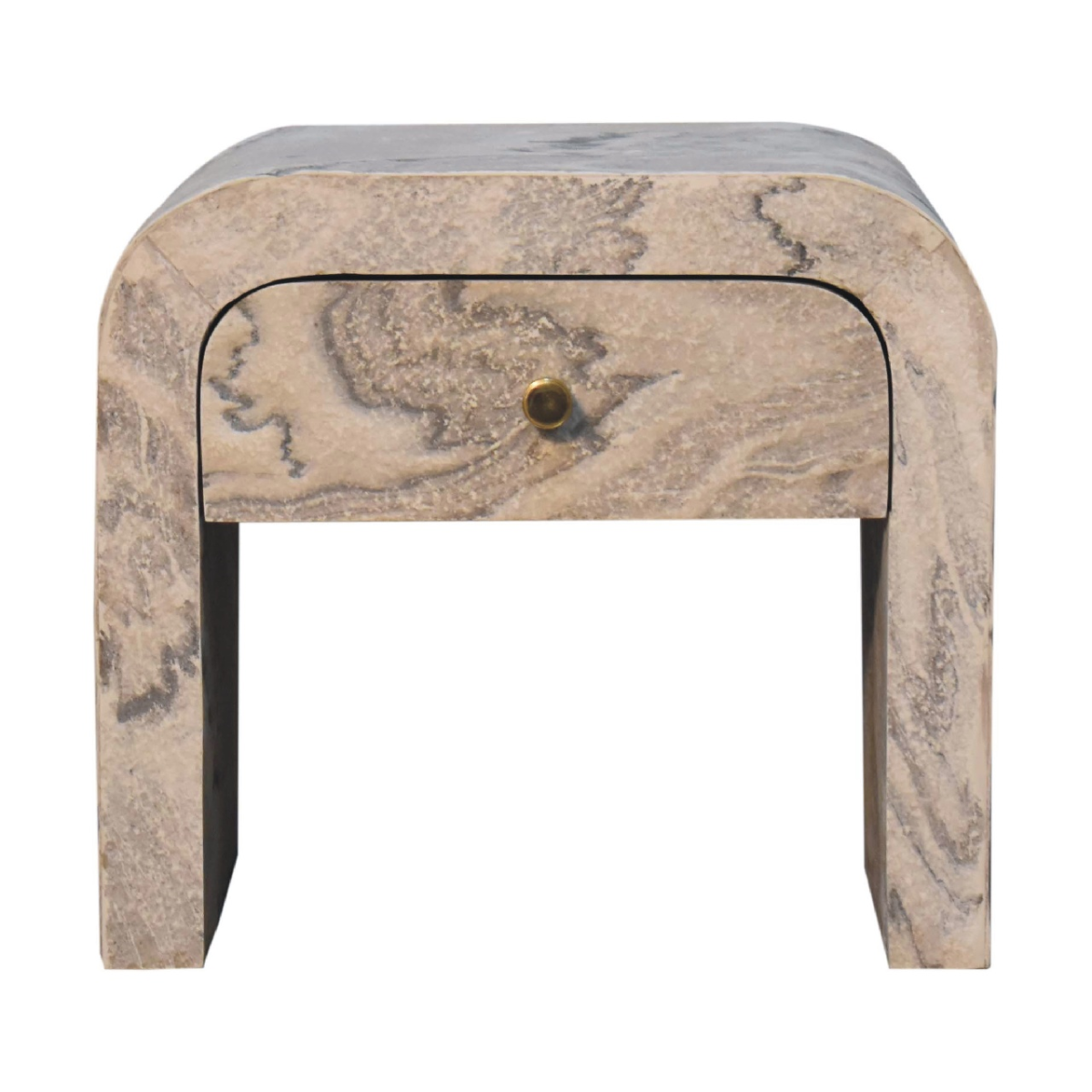 Artisan Furniture Solid Wood Nouveau Bedside Table, 1 Drawer & Brass Knob – Marble Effect, Beige