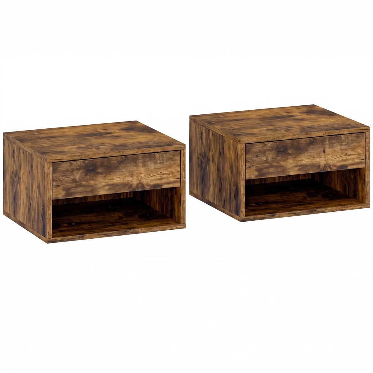 HOMCOM Set of 2 Floating Bedside Tables with Drawer and Open Shelf – Wall-Mounted Nightstands, Rustic Brown