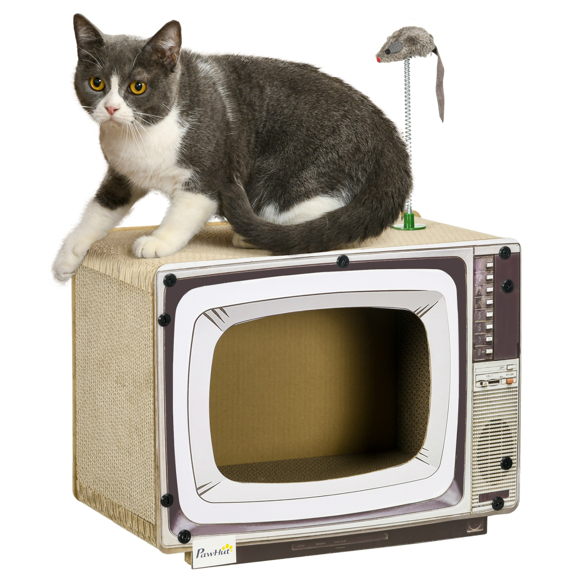 PawHut TV-Shaped Cardboard Cat House with Scratcher, Catnip and Toy Rat – 2-in-1 Cat Scratching Board