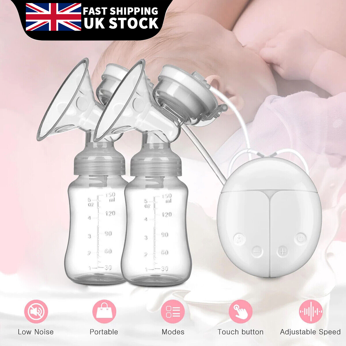 Automatic Double Electric Breast Pump with Lid & Nipple Kit – 2 Modes, 4 Suction Levels, USB Powered
