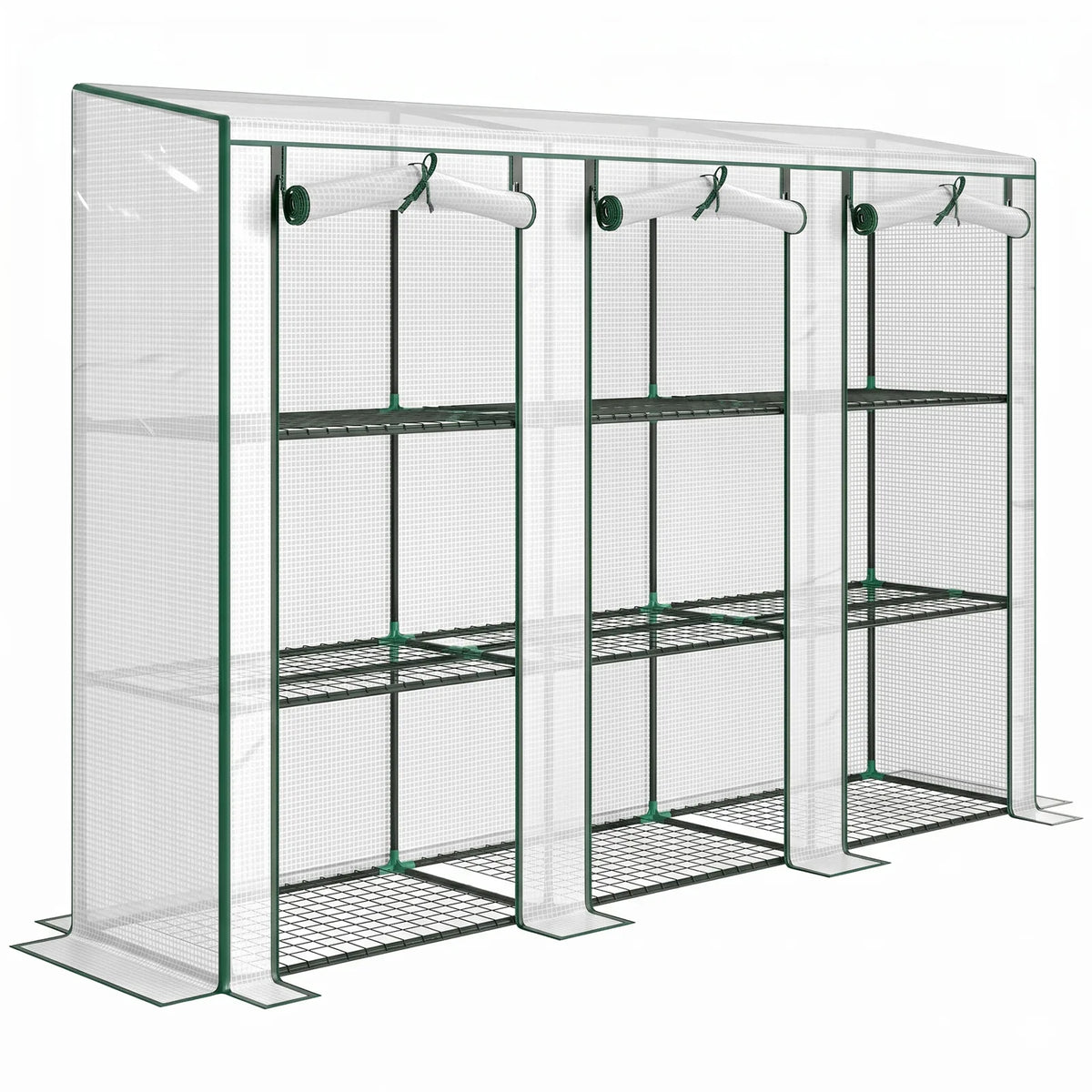 Outsunny Nine-Shelf Greenhouse with 3 Roll-Up Doors, Steel Frame & PE Cover – 46 x 215cm Portable Plant Shelf